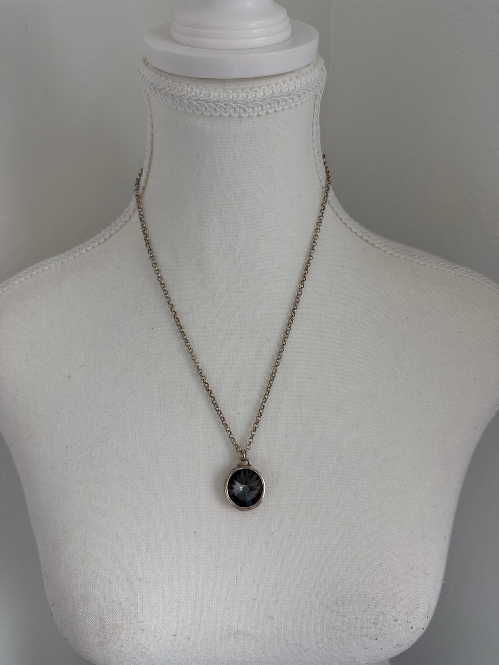 Silver-Tone Necklace with Dark Crystal Pendant - Women's Jewelry